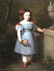 Porträt eines Mädchens in Blau mit Rosen in der Hand